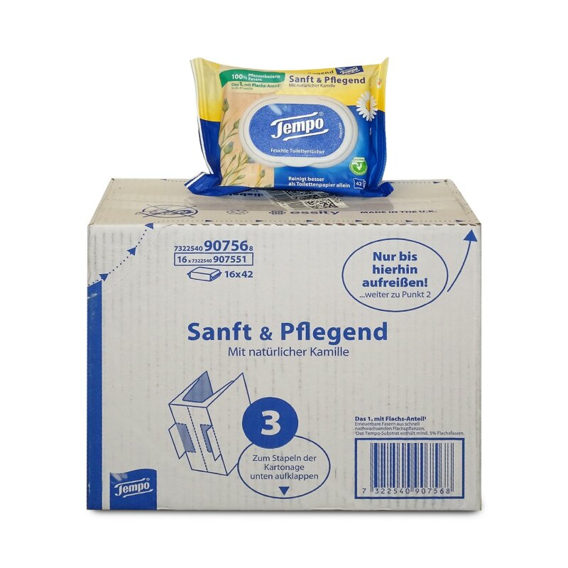 Tempo Feuchte Toilettentücher Sanft & Pflegend Megapack - 16 Packungen mit je 42 Tüchern Kamille